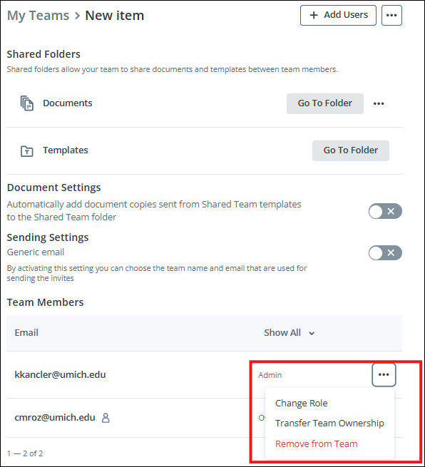 Managing a team members functionality
